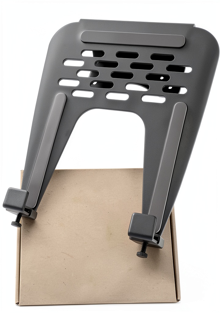 'ULTRARM VESA Laptop Tray on a wooden desk'