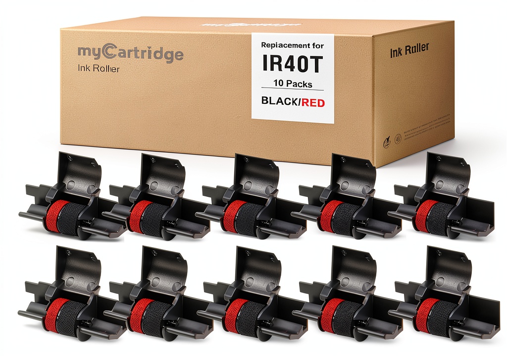 Installing IR40T Calculator Ribbon myCartridge Black Red on a wooden desk