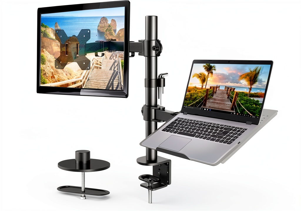 Installing HUANUO laptop monitor mount on a wooden desk with cable management