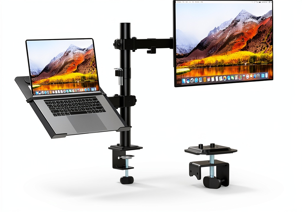 'UPGRAVITY Monitor Laptop Mount on a wooden desk'