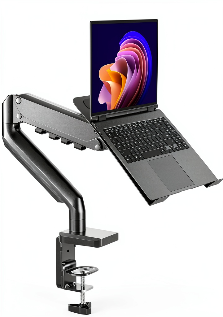 'HippoFlex 2-in-1 laptop monitor mount on a wooden desk'