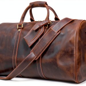 Mens Leather Duffel Bags Sport Vintage Leather Travel Gym Bag Weekender Overnight Classic Gift Gym Overnight Carry On Bag (Dark Brown, 24 Inch)-0