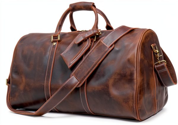 Mens Leather Duffel Bags Sport Vintage Leather Travel Gym Bag Weekender Overnight Classic Gift Gym Overnight Carry On Bag (Dark Brown, 24 Inch)-0